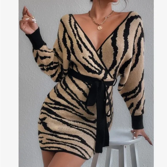 Cozy Off Shoulder Zebra Striped Pattern Batwing Sleeve Belted Sweater Dress - Picture 5 of 5